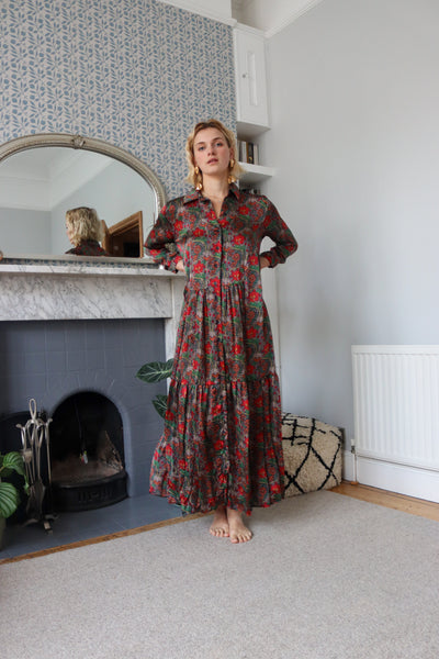 Large Flowers Silk Shirt Dress