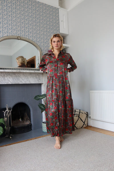 Large Flowers Silk Shirt Dress