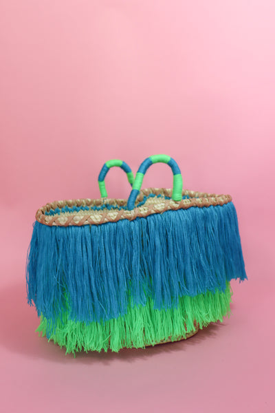 Cotton Tassel Fringe Basket Blue and Green