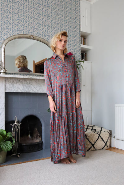 Copper Flowers Silk Shirt Dress