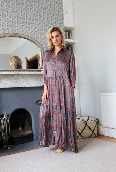 Copper Flowers Silk Shirt Dress