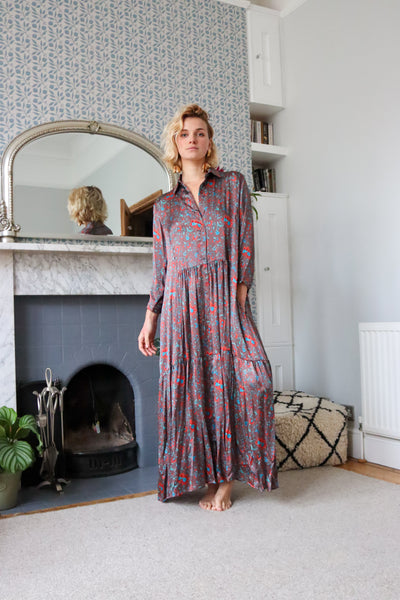 Copper Flowers Silk Shirt Dress