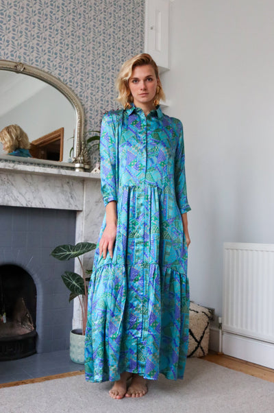 80s Baby Blue Silk Shirt Dress