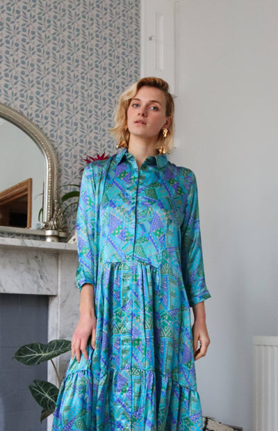 80s Baby Blue Silk Shirt Dress