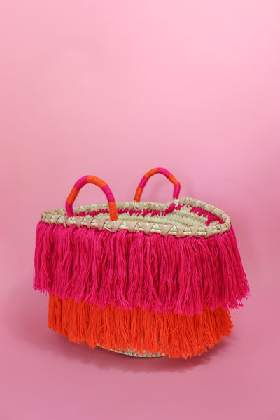 Cotton Tassel Fringe Basket Pink and Orange