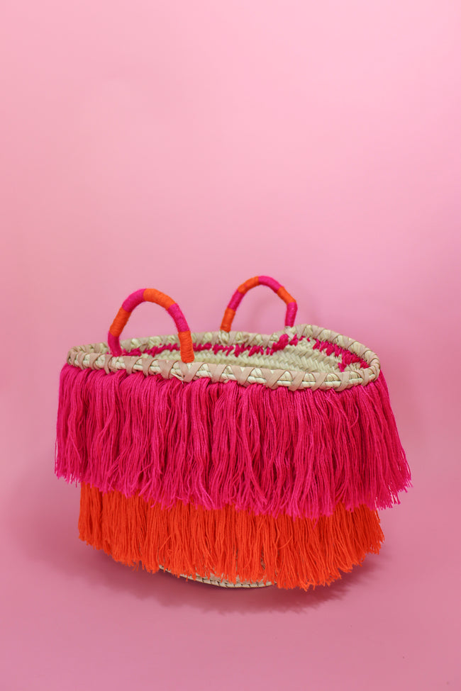 Cotton Tassel Fringe Basket Pink and Orange